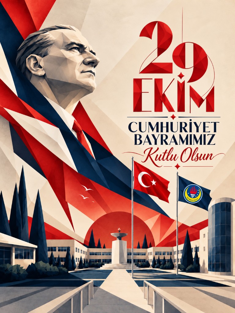 29 Ekim Cumhuriyet Bayramımız Kutlu Olsun. Atatürk portresi, Türk bayrağı ve TED Bursa Koleji bayrağı.